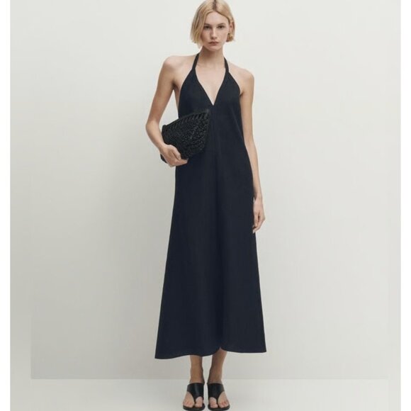 Massimo Dutti Linen Strappy Midi Dress Navy Blue Size XS Open Back 6620/100 NWT - Picture 1 of 13